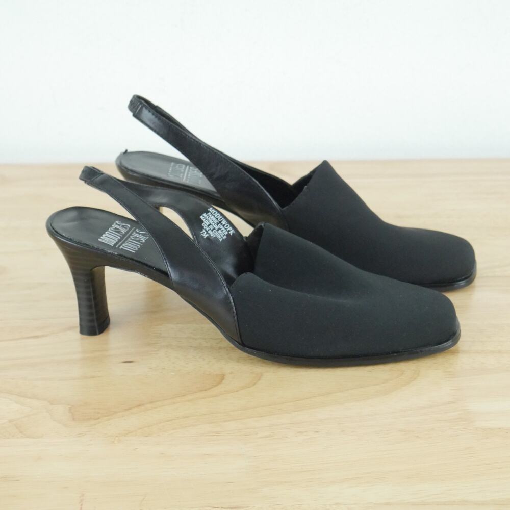 Vintage Size 7‎ Kitten Heels Slingback Mules Square Toe Black Fabric Y2K Minimal